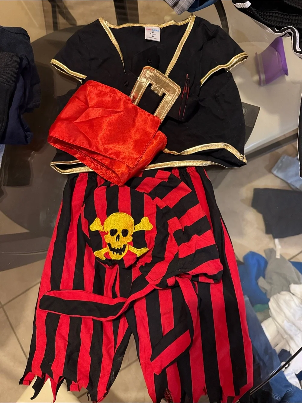 Kids Pirate Costume - Black and Red Stripe with Gold Skull Accent 2t